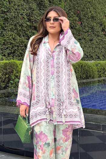 Buy_Rainas_Multi Color Silk, Cotton Collared Neck Paisley Print Shirt And Pant Set _Online_at_Aza_Fashions