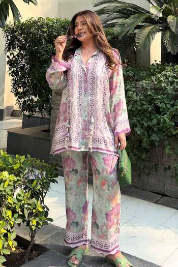 Shop_Rainas_Multi Color Silk, Cotton Collared Neck Paisley Print Shirt And Pant Set _Online_at_Aza_Fashions