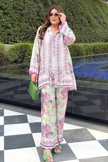 Rainas_Multi Color Silk, Cotton Collared Neck Paisley Print Shirt And Pant Set _at_Aza_Fashions