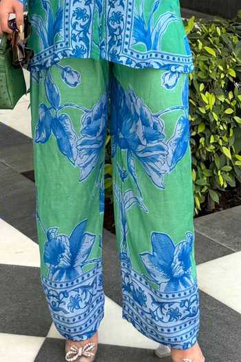 Rainas_Green Silk, Cotton Mandarin Collar Tile Print Top And Pant Set _Online_at_Aza_Fashions