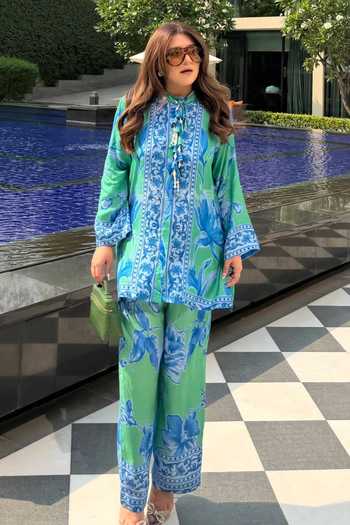 Shop_Rainas_Green Silk, Cotton Mandarin Collar Tile Print Top And Pant Set _at_Aza_Fashions