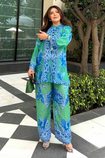 Buy_Rainas_Green Silk, Cotton Mandarin Collar Tile Print Top And Pant Set 