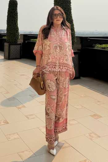 Rainas_Pink Silk, Cotton Collared Neck Baroque Print Shirt And Pant Set _Online_at_Aza_Fashions
