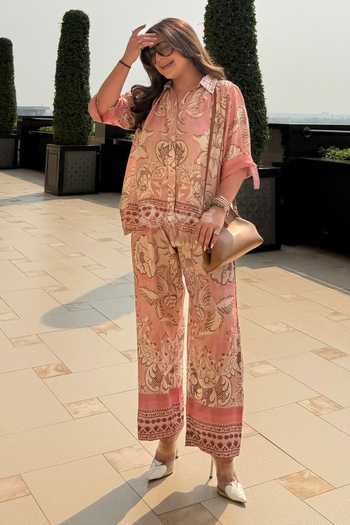 Buy_Rainas_Pink Silk, Cotton Collared Neck Baroque Print Shirt And Pant Set _Online_at_Aza_Fashions