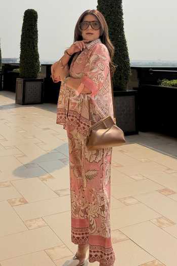Shop_Rainas_Pink Silk, Cotton Collared Neck Baroque Print Shirt And Pant Set _Online_at_Aza_Fashions