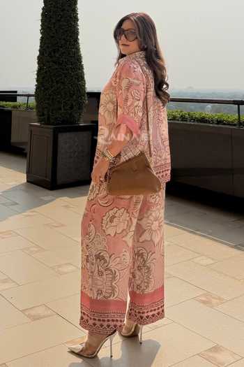 Shop_Rainas_Pink Silk, Cotton Collared Neck Baroque Print Shirt And Pant Set _at_Aza_Fashions
