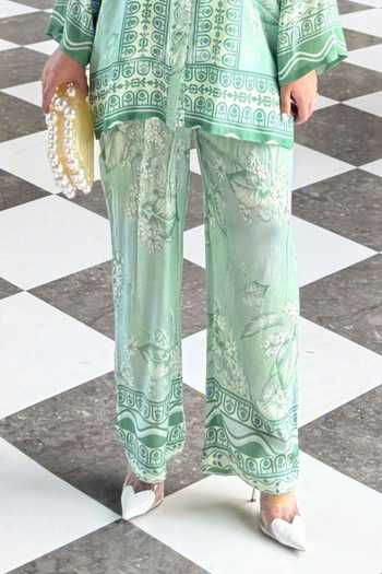 Rainas_Green Silk, Cotton Mandarin Collar Tile Print Top And Pant Set _Online_at_Aza_Fashions