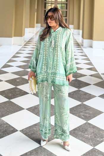 Buy_Rainas_Green Silk, Cotton Mandarin Collar Tile Print Top And Pant Set _Online_at_Aza_Fashions