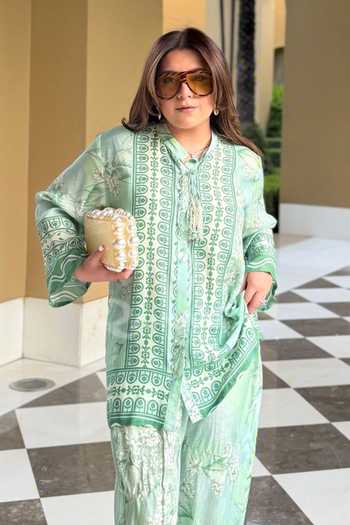 Shop_Rainas_Green Silk, Cotton Mandarin Collar Tile Print Top And Pant Set _Online_at_Aza_Fashions