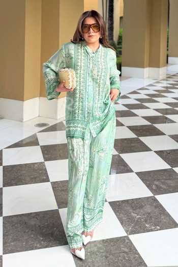 Rainas_Green Silk, Cotton Mandarin Collar Tile Print Top And Pant Set _at_Aza_Fashions
