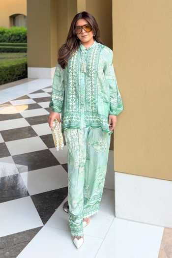 Buy_Rainas_Green Silk, Cotton Mandarin Collar Tile Print Top And Pant Set 