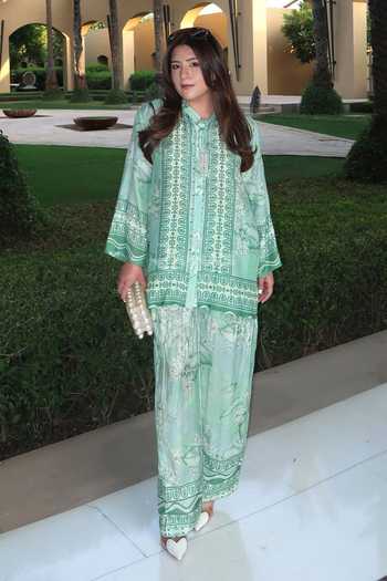 Shop_Rainas_Green Silk, Cotton Mandarin Collar Tile Print Top And Pant Set _at_Aza_Fashions