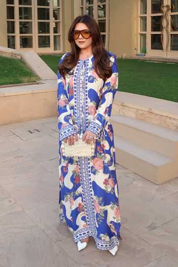 Buy_Rainas_Blue Silk, Cotton Round Neck Garden Print Kaftan _at_Aza_Fashions