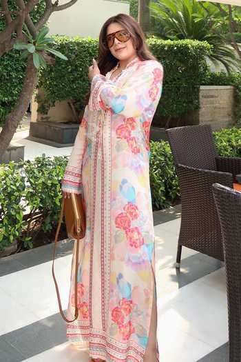 Shop_Rainas_Multi Color Silk, Cotton Button-down Neck Bloom Print Kaftan _at_Aza_Fashions