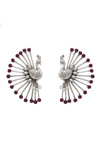 Sangeeta Boochra_Red Pair Of Carved Peacock Ear Cuffs _Online_at_Aza_Fashions