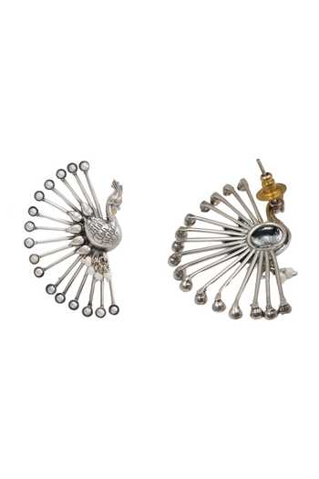 Shop_Sangeeta Boochra_Silver Plated Pearl Accent Pair Of Peacock Cuffs _at_Aza_Fashions