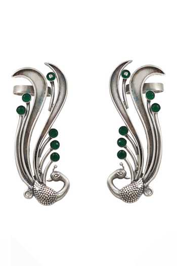 Shop_Sangeeta Boochra_Green Peacock Motif Pair Of Ear Cuffs _at_Aza_Fashions