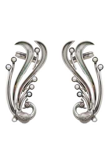 Shop_Sangeeta Boochra_Silver Plated Peacock Grace Pair Of Ear Cuffs _at_Aza_Fashions