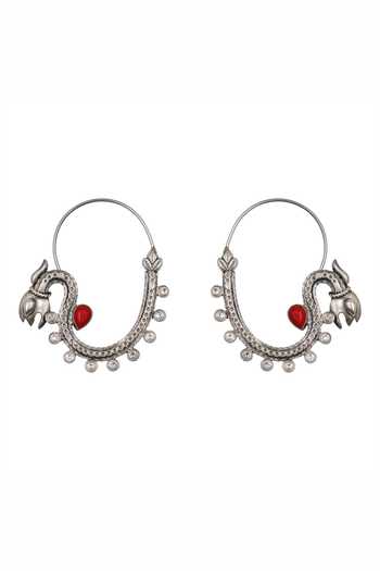 Shop_Sangeeta Boochra_Silver Plated Coral Accent Hoop Earrings _at_Aza_Fashions