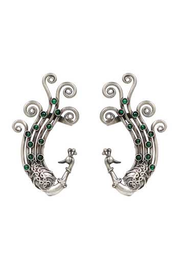 Shop_Sangeeta Boochra_Green Artisan Peacock Pair Of Ear Cuffs _at_Aza_Fashions