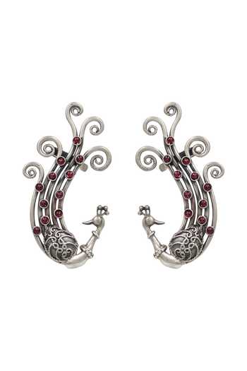 Shop_Sangeeta Boochra_Red Handcrafted Peacock Pair Of Earcuffs _at_Aza_Fashions