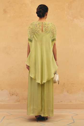 Shop_Maenaam_Green Satin, Organza Round Neck Elysia Embroidered Cape Skirt Set _at_Aza_Fashions
