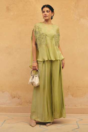 Buy_Maenaam_Green Satin, Organza Round Neck Elysia Embroidered Cape Skirt Set _at_Aza_Fashions
