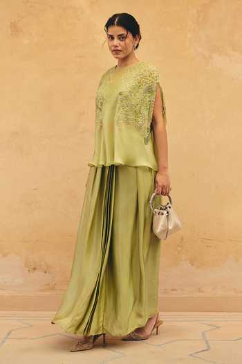 Buy_Maenaam_Green Satin, Organza Round Neck Elysia Embroidered Cape Skirt Set _Online_at_Aza_Fashions