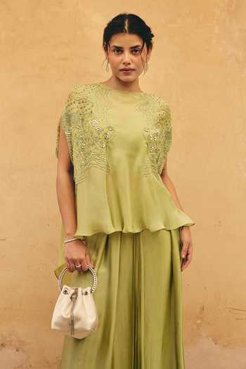 Shop_Maenaam_Green Satin, Organza Round Neck Elysia Embroidered Cape Skirt Set _Online_at_Aza_Fashions