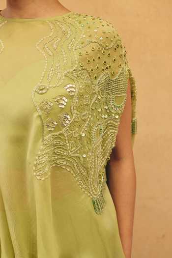 Maenaam_Green Satin, Organza Round Neck Elysia Embroidered Cape Skirt Set _at_Aza_Fashions