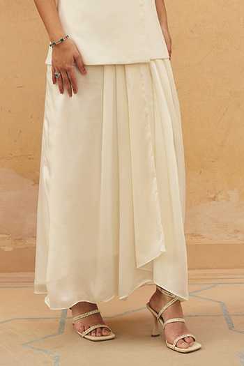 Maenaam_Ivory Satin V-neck Sena Layered Top And Draped Skirt Set _Online_at_Aza_Fashions