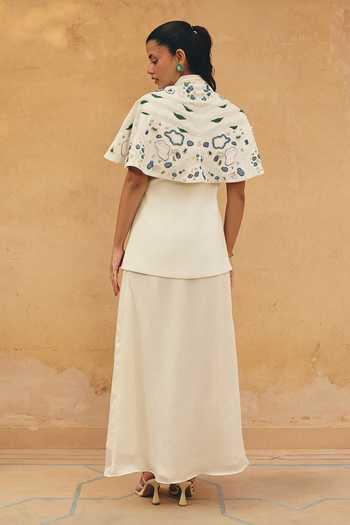 Shop_Maenaam_Ivory Satin V-neck Sena Layered Top And Draped Skirt Set _at_Aza_Fashions