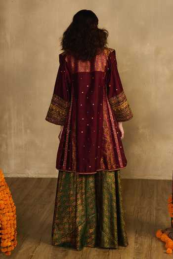 Shop_Reeti Arneja_Multi Color Silk, Handloom Cotton Sweetheart Tribal Jacket And Flare Pant Set _at_Aza_Fashions
