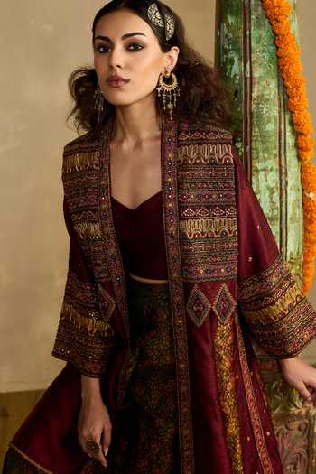 Reeti Arneja_Multi Color Silk, Handloom Cotton Sweetheart Tribal Jacket And Flare Pant Set _Online_at_Aza_Fashions