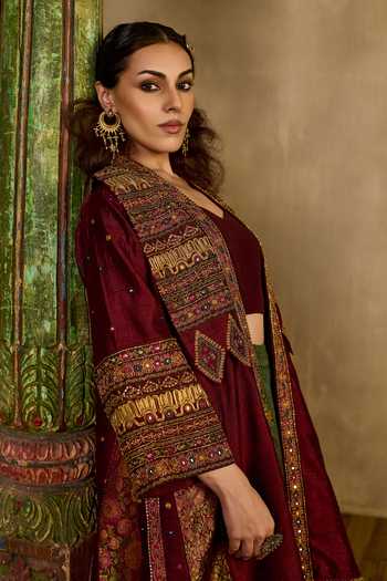 Buy_Reeti Arneja_Multi Color Silk, Handloom Cotton Sweetheart Tribal Jacket And Flare Pant Set _Online_at_Aza_Fashions
