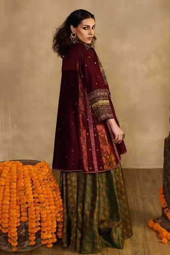 Shop_Reeti Arneja_Multi Color Silk, Handloom Cotton Sweetheart Tribal Jacket And Flare Pant Set _Online_at_Aza_Fashions