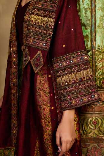 Buy_Reeti Arneja_Multi Color Silk, Handloom Cotton Sweetheart Tribal Jacket And Flare Pant Set 