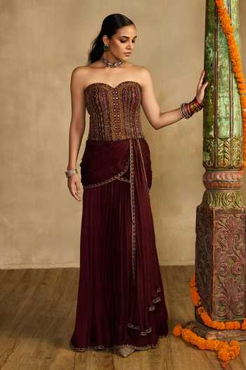 Buy_Reeti Arneja_Maroon Silk, Net, Handloom Cotton Embroidery Saanjh Corset And Draped Skirt Set _at_Aza_Fashions
