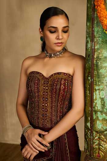 Reeti Arneja_Maroon Silk, Net, Handloom Cotton Embroidery Saanjh Corset And Draped Skirt Set _Online_at_Aza_Fashions