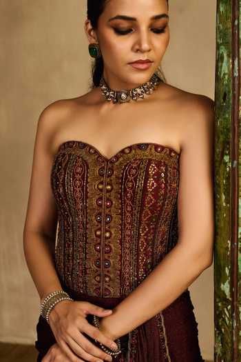 Buy_Reeti Arneja_Maroon Silk, Net, Handloom Cotton Embroidery Saanjh Corset And Draped Skirt Set _Online_at_Aza_Fashions