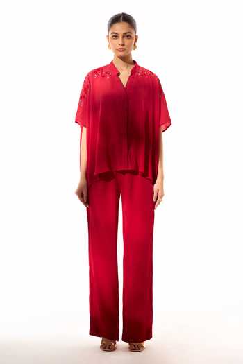 Buy_Sakshi Khetterpal_Red Crepe Mandarin Collar Embroidered Shirt And Pant Co-ord Set _at_Aza_Fashions