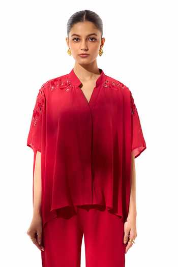 Shop_Sakshi Khetterpal_Red Crepe Mandarin Collar Embroidered Shirt And Pant Co-ord Set _at_Aza_Fashions