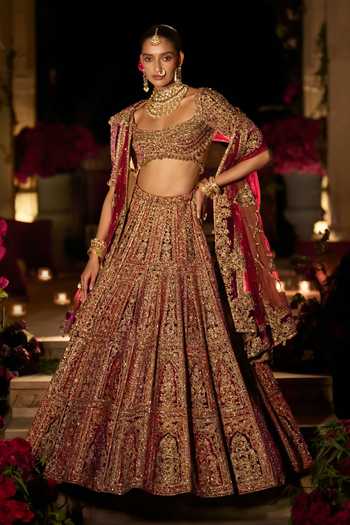 Seema Gujral_Purple Velvet, Net Square Neck Zardozi Work Bridal Lehenga Set _Online_at_Aza_Fashions
