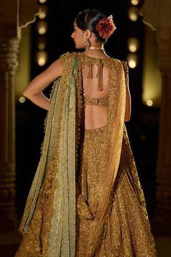 Shop_Seema Gujral_Gold Net Sweetheart Neck Antique Bridal Lehenga Set _at_Aza_Fashions
