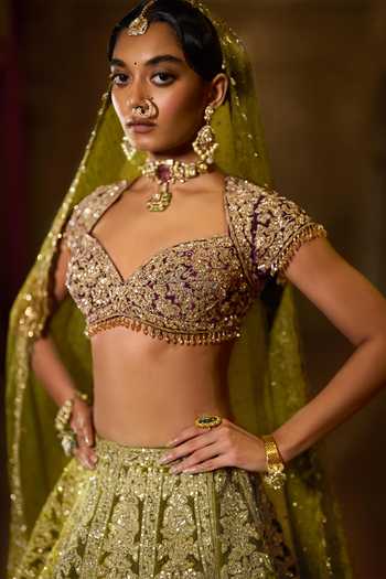 Seema Gujral_Green Silk, Tissue, Organza Sweetheart Neck Sequin Work Bridal Lehenga Set _Online_at_Aza_Fashions