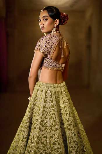 Shop_Seema Gujral_Green Silk, Tissue, Organza Sweetheart Neck Sequin Work Bridal Lehenga Set _at_Aza_Fashions