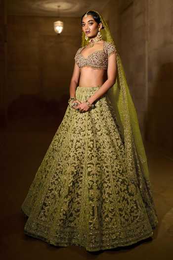 Shop_Seema Gujral_Green Silk, Tissue, Organza Sweetheart Neck Sequin Work Bridal Lehenga Set _Online_at_Aza_Fashions