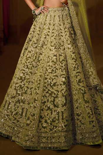 Seema Gujral_Green Silk, Tissue, Organza Sweetheart Neck Sequin Work Bridal Lehenga Set _at_Aza_Fashions