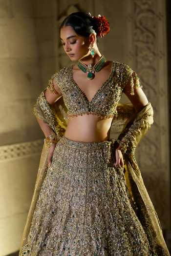 Shop_Seema Gujral_Emerald Green Organza, Tissue V-neck Antique Bridal Lehenga Set _Online_at_Aza_Fashions