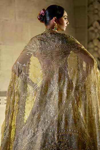 Shop_Seema Gujral_Emerald Green Organza, Tissue V-neck Antique Bridal Lehenga Set _at_Aza_Fashions
